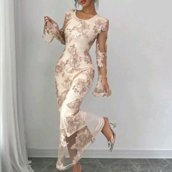 Women's Casual Elegant Floral Full Print Lace Bodycon Flared Cuff Long Sleeve - Picture 3 of 4